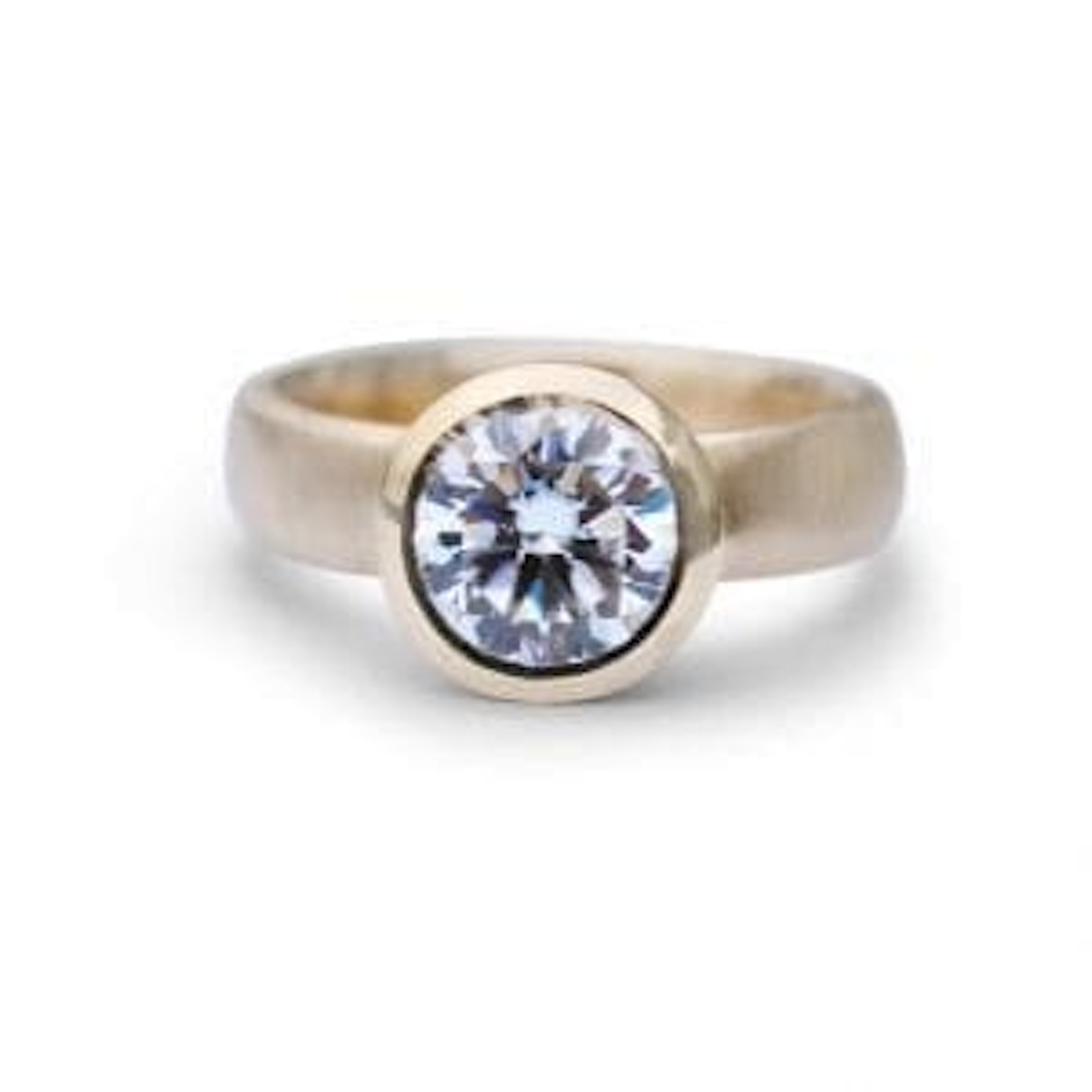 Debra fallowfield  8mm round MOissanite Brushed Yellow Gold Ring wb copy.jpeg